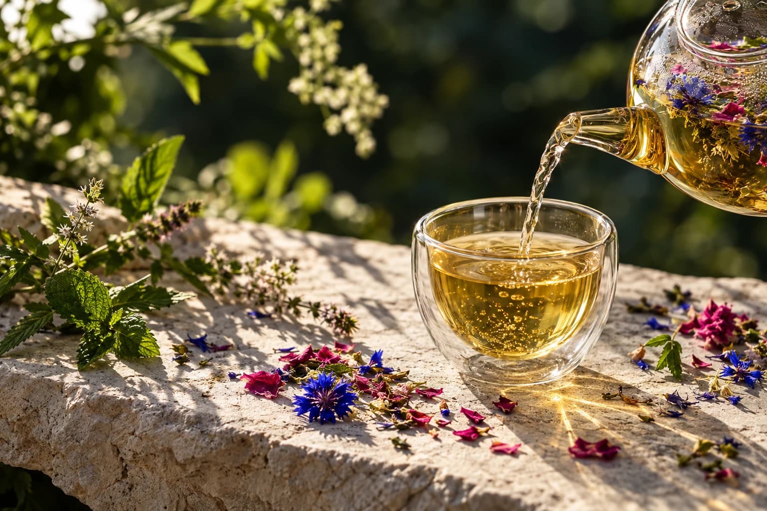Goldener Kräutertee im Glas, Blüten und natürliches Sonnenlicht – Fasui Markenstillleben